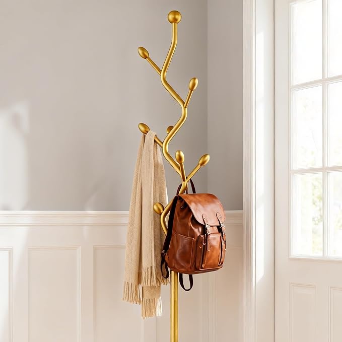 Gold Coat Rack Freestanding Metal Tree Coat Stand with Hooks,Modern Decorative Standing Hat Rack for Entryway Bedroom Living Room