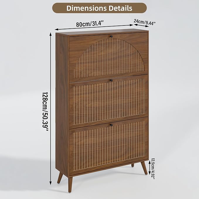 Fsbecl Shoe Storage Cabinet for Entryway with 3 Fluted Flip Drawers, Walnut | Narrow Design, Freestanding Shoe Rack with Adjustment Shelves, Wooden Hidden Organizer for Hallway Foyer, 18-24 Pairs