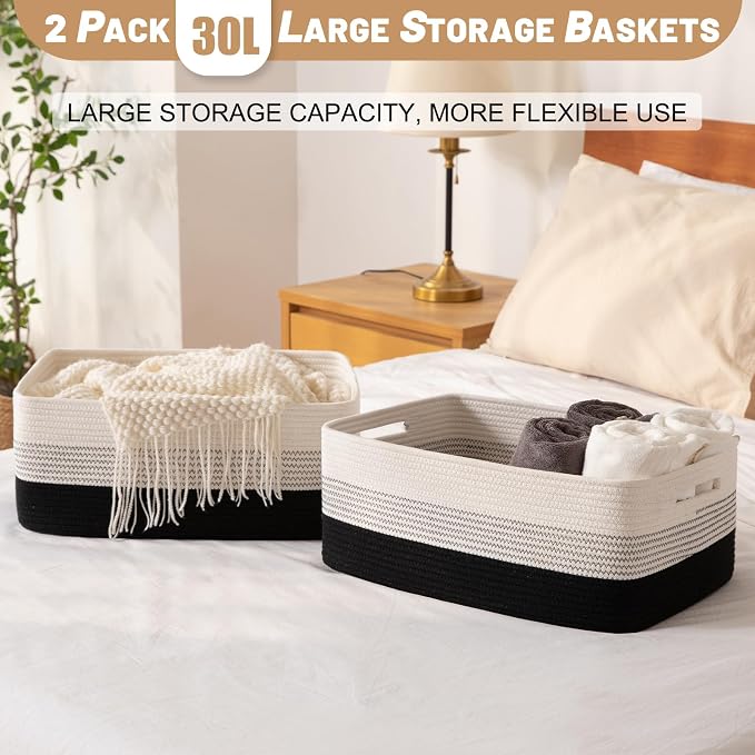 OIASKET Large Storage Basket for Organizing, Woven Rope Basket for Shelves, Closet Organizer Bins for Clothes, Blanket, Toys, Baby Nursery Storage, 17.7" x 13" x 7.87", 2 Packs Gradient Black