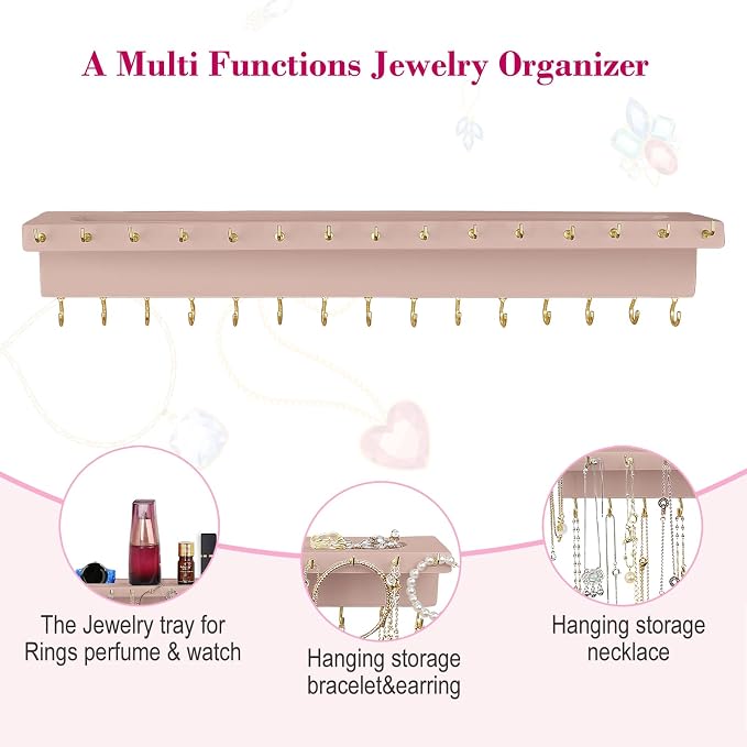 YYILIS Necklace Holder, Upgraded Extra Large Wall Necklace Organizer with 30 Hooks Wall Mounted Necklace Hanger with Jewelry Tray/Cosmetics Shelf Rustic Pine Wood Holder (Pink) | 30 Hooks Wall Mounted Necklace Hanger with Jewelry Tray/Cosmetics Shelf R...