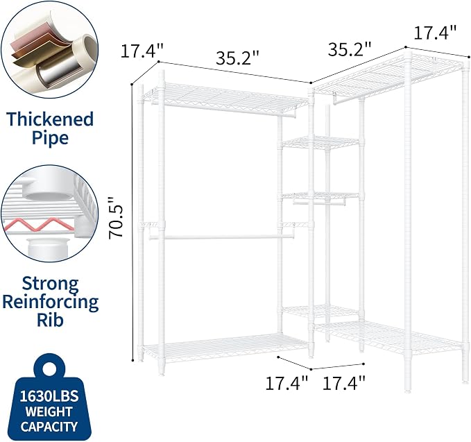 Heavy Duty Clothes Rack with Shelves, 71" H Freestanding Closet Organizer System, Large Capacity 3-Unit Metal Garment Rack L-shaped Combo for Hanging Clothes, Bedroom & Laundry Room, 85.4"L x 17.4"W