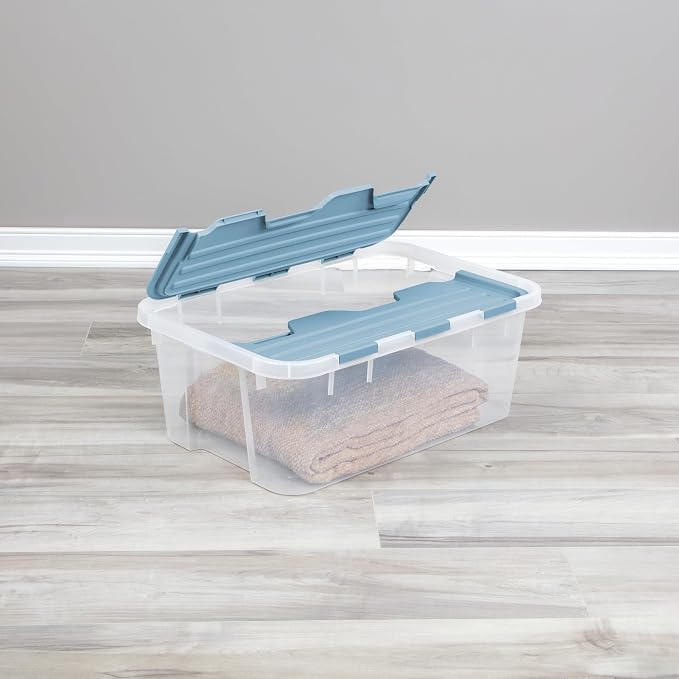 Sterilite Hinged Lid Storage Box, Plastic Container, 40 Quart, 12-Pack | Washed Blue - Home Organizer Tote for Storing Shoes, Crafts, Clothing, or Decor