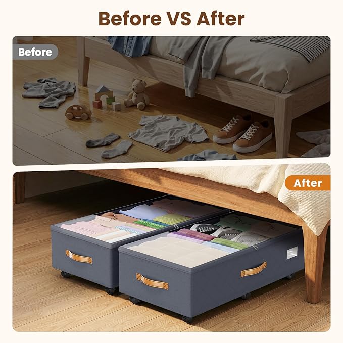 Budding Joy 80L 2 Pack Adjustable Under Bed Storage Containers with Wheels | Rolling shoe storage organizer with clear lids and label for dorm home clothes, blankets, toys, easy to install, grey