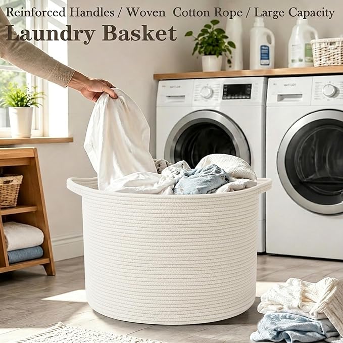 115L Extra Large Woven Cotton Rope Blanket Basket-White | Collapsible, reinforced handles, nursery storage bin organizes clothes, toys and pillows for living room, bedroom bathroom