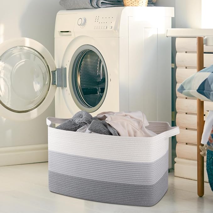 OIAHOMY Extra Large Blanket Basket, 95L Cotton Rope Woven Laundry Basket, Toy Bin for Baby Room, Container for Blanket Storage in Living Room, 24''×17''×14'', Gradient Grey