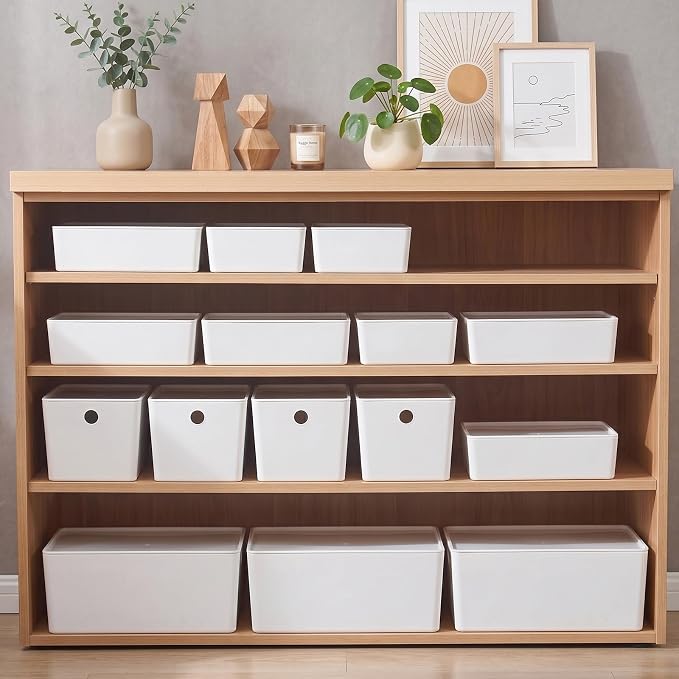 Soddeph 4 Pack Thick Plastic Storage Box with Lid, Durable Stackable Storage Bins, Hard Plastic Organizer Baskets for Home Office,Storage Containers 6.8" x 5.1" x 3.1" (White with Lid)