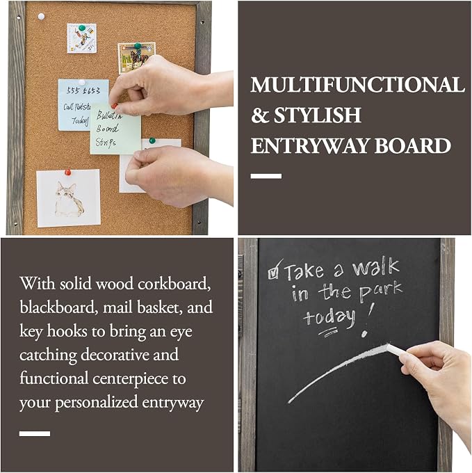 MyGift 3 Panel Gray Solid Wood Bulletin Board Set Chalkboard Cork Board | Wall Mounted Design, Mail Basket Storage, Hanging Rail, Entryway Command Center, Home Office Organization