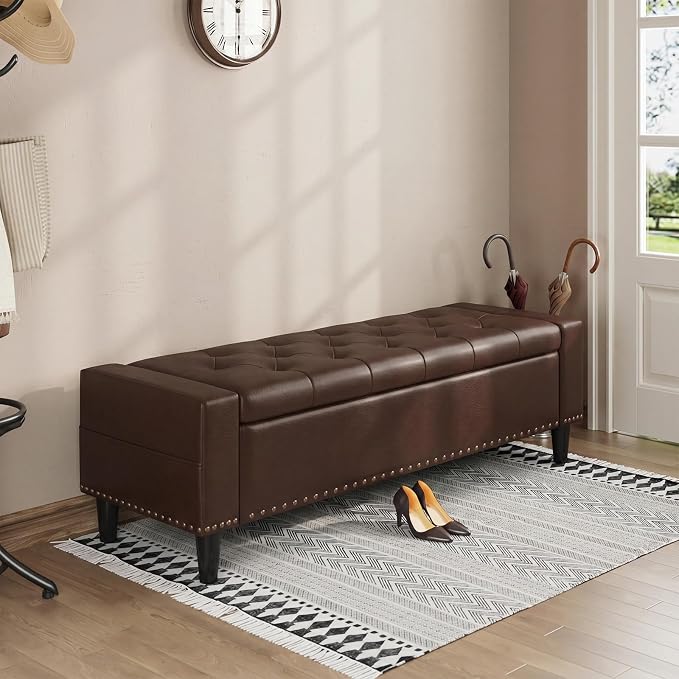 60" Storage Ottoman Bench, Faux Leather Upholstered Bed Bench with Tufted Buttons and Nailhead Trim, Large Ottoman with Storage for King Size End of Bed, Bedroom, Entryway, Hallway (Chocolate)