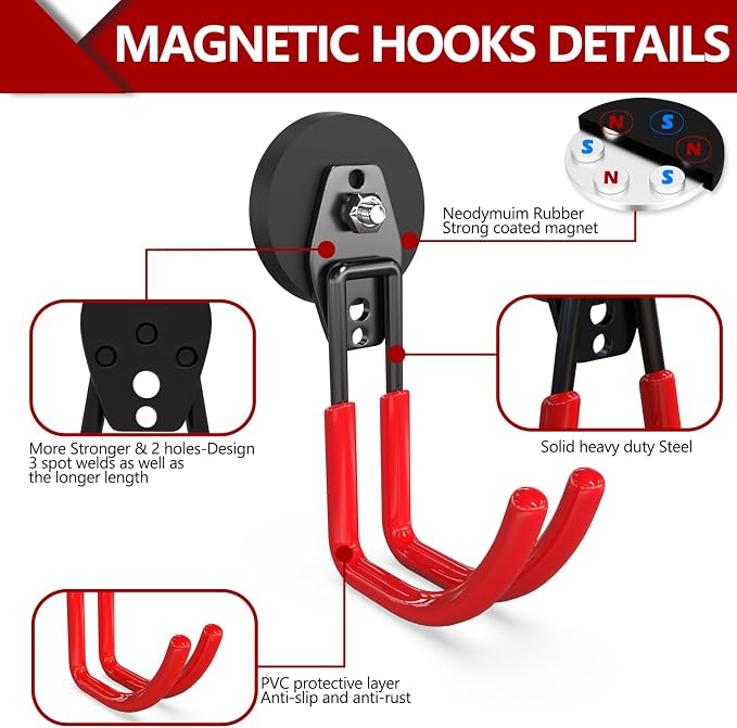 3-H Heavy Duty Magnetic Hooks, Large Magnet Hooks,2 Pack Red | No-Drill Tool Holder for Garage,Power Drill,Garden Tools,Hose Storage