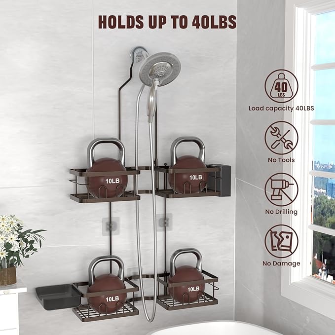 REINHARDT Adjustable Shower Caddy Hanging for Handheld Showerheads, Bronze | Patented Shower Organizer, Rustproof, 40lbs Capacity, Anti-Swing, Tool-Free, Suction Cups, 8 Hooks, Soap & Toothbrush Holder