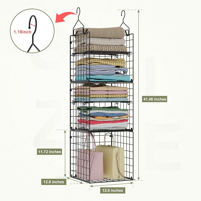 X-cosrack Hanging Closet Organizer and Storage - 5-Tier Closet Storage Organizer Baskets for Clothes & Adjustable Collapsible Metal Closet Hanging Organizer Shelves for Sweaters Shoes Handbags