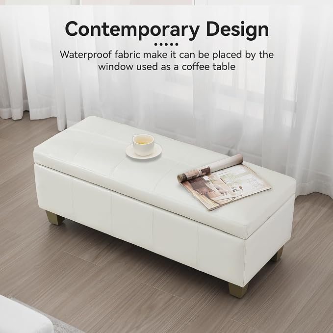 WUTUTUEE 41" Faux Leather Storage Ottoman, Stitch Tufted Rectangle Upholstered End of Bed Storage Bench, Entryway Large Couch Ottoman with Wooden Legs,White