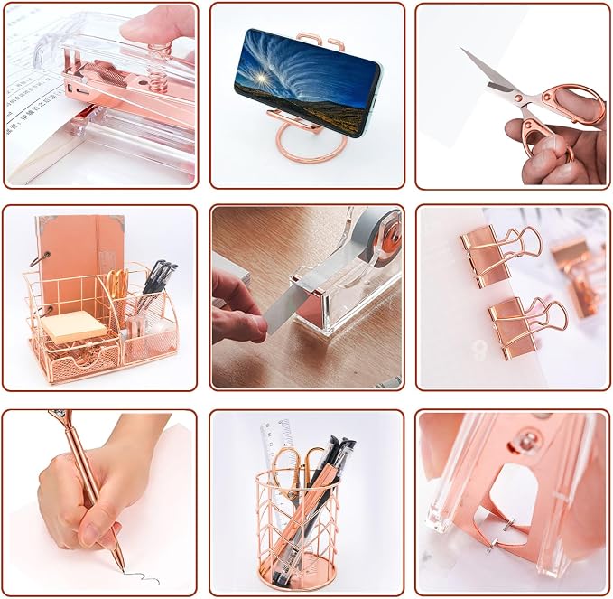 Office Desk Organizers, Rose Gold 13PCS Office Supplies and Accessories Desk Organizer, Acrylic Stapler, Staple Remover, Clips, Scissor, Phone Holder, Pen, Pen Holder (Rose Gold)