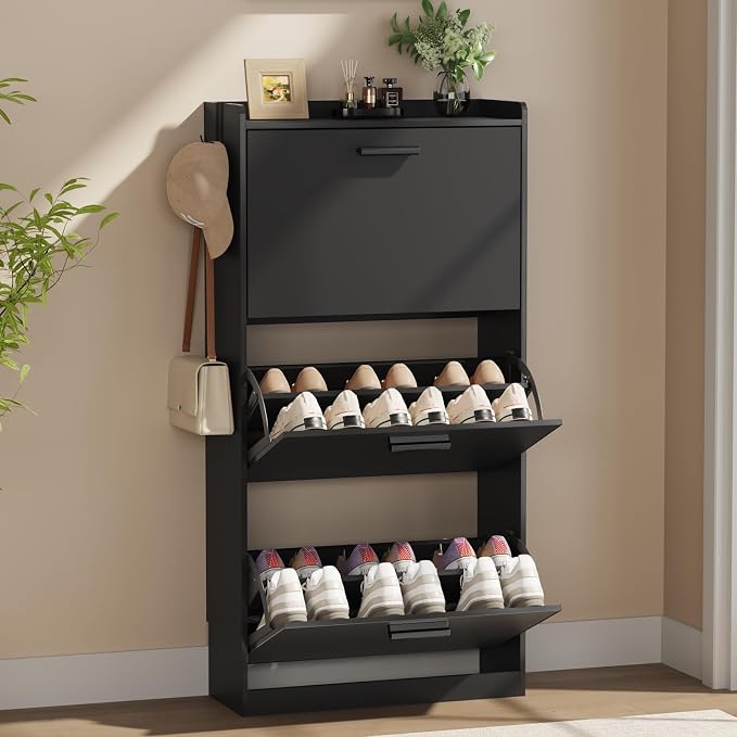 Shoe Cabinet Organizer with 3 Flip Drawers,Narrow Shoe Rack 23.6" W White | Freestanding shoe storage cabinet for entryway,foyer and hallway,slim design and space-saving flip drawers