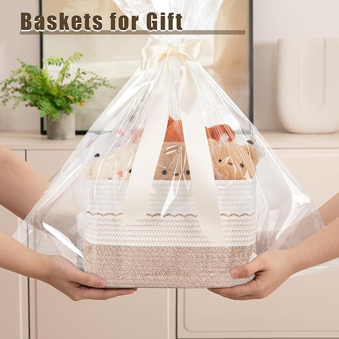 OIASKET 4 Pack Storage Baskets for Organizing, 13"X9"X7.87", Decorative Cotton Rope Baskets for Shelves, Small Woven Basket for Toys, Books and Towels, Brown & White