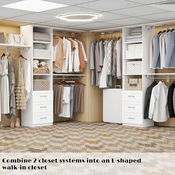 Dilando Closet Organizer System with Drawers, 5FT - 7.61FT Closet Shelving System Walk in Wood Corner Closet Storage System with 4 Shelves Custom Hanging Rods Heavy Duty Wall Mount, White