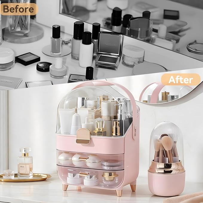 Makeup Organizer for Vanity with Brush Holder, Lid and 2 Drawers, Pink | Large Capacity Bathroom Counter Organizer for Skincare, Cosmetic Storage, Dustproof, Waterproof, Teen Girl Gifts