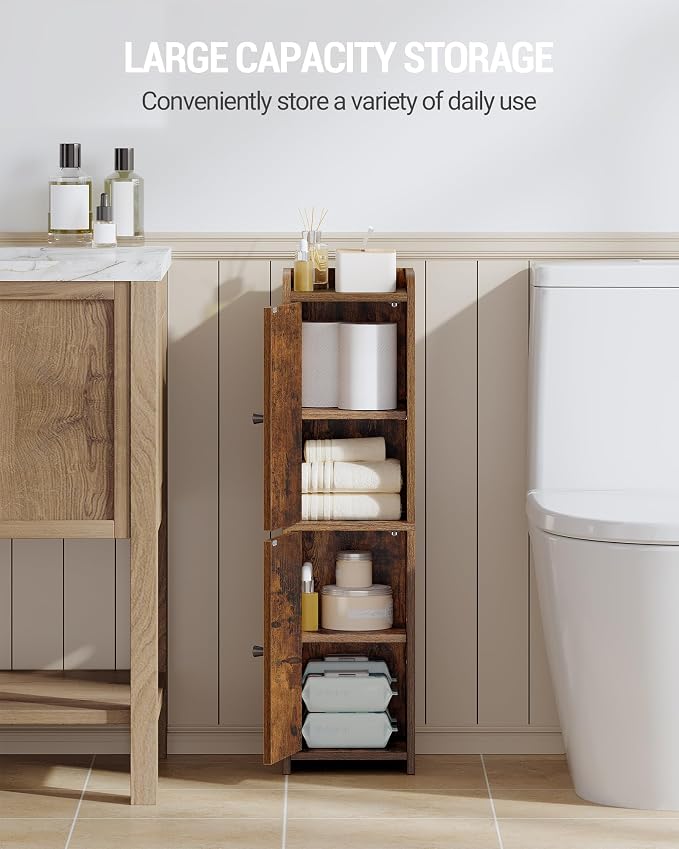Hzuaneri Bathroom Storage Cabinet, Small Corner Floor Cabinet with 2 Doors | Narrow Toilet Paper Cabinets with Adjustable Shelf, Bathroom Organizer for Small Spaces, 7.9"D x 7.9"W x 29.5"H Rustic Brown