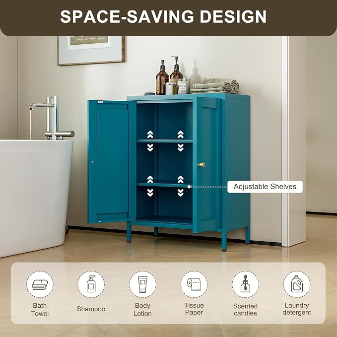 Bevivog Bathroom Floor Storage Cabinet,Metal Locker Cabinet with 2 Doors and 2 Adjustable Shelves,Modern Small Accent Cabinets for Entryway,Living Room,Hallway
