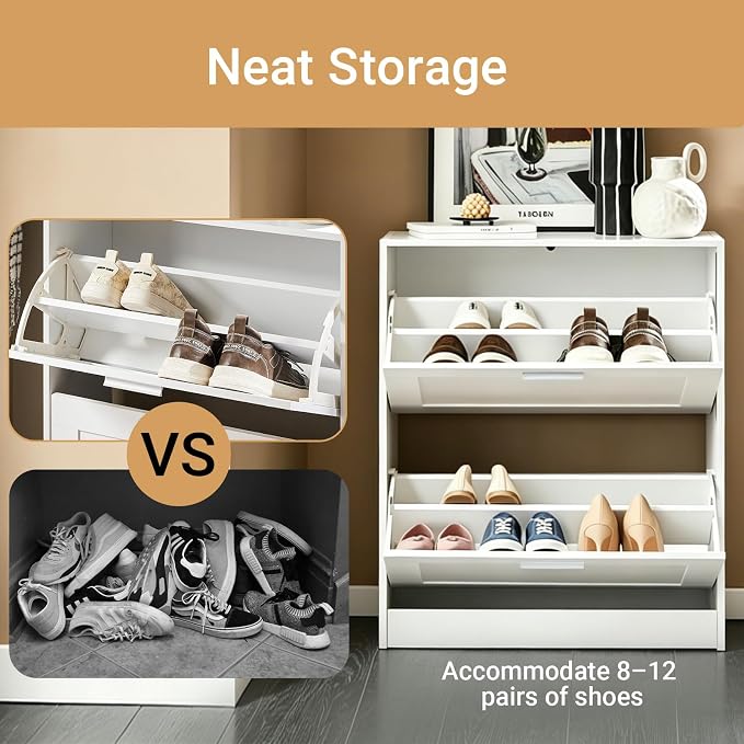 Haotian Shoe Cabinet Storage for Entryway | Narrow Shoe Cabinet with Two Flip Drawers to Save Space, Shoe Rack Cabinet for Front Door Entrance Hallway (White)