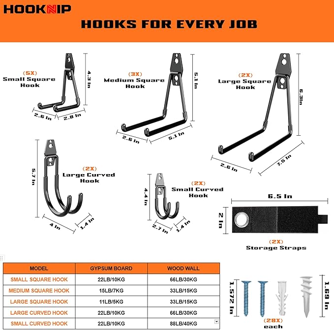 16 Pack Heavy Duty Garage Hooks, Wall Mounted Tool Hangers | PVC-coated hooks for bikes, ladders, garden tools and storage, anti-rust garage wall organizer.