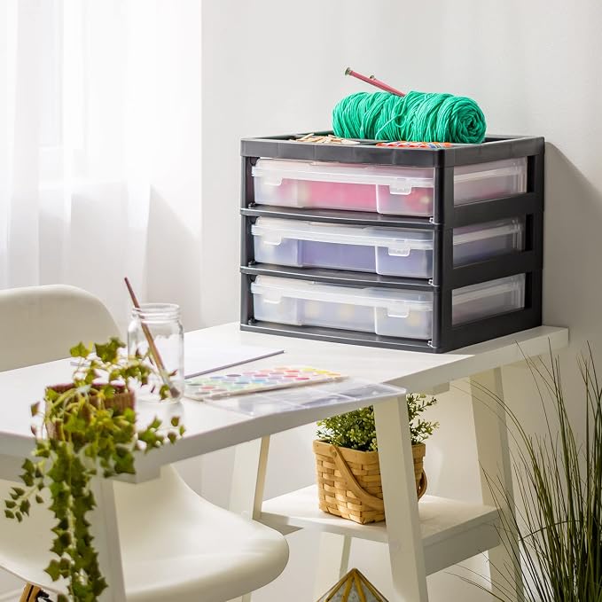 IRIS USA Desk Organizer |Made in USA| 3-Tier Cases - Black/Clear | Fits 12"x12" Paper, Built-In Handles, Storage Unit with Supply Top for Craft, Art, Office Supplies, Pens & Pencils