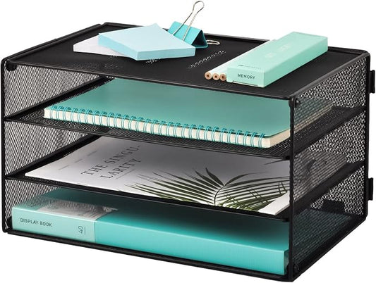 3 Tier Mesh Desk Organizer Tray, File Paper Letter Folder Holder Desktop Paper Sorter Mail Organization Rack Storage Accessories, for Office Home School Classroom, Black