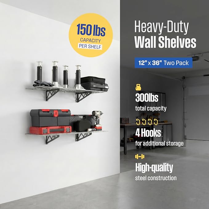 SafeRacks Steel Garage Wall Shelves 2-Pk w/Hooks, 300lb, Hammertone (12x36)