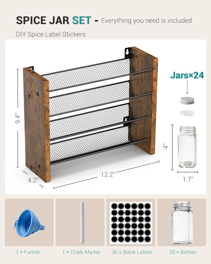NESAPTO Spice Rack Organizer with 24 Glass Spice Jars, Wood 4-Tier Seasoning Organizer with Labels for Cabinet, Pantry, Countertop or Wall Mount, Chalk Marker and Funnel Set, 12.2" W × 9.4" H