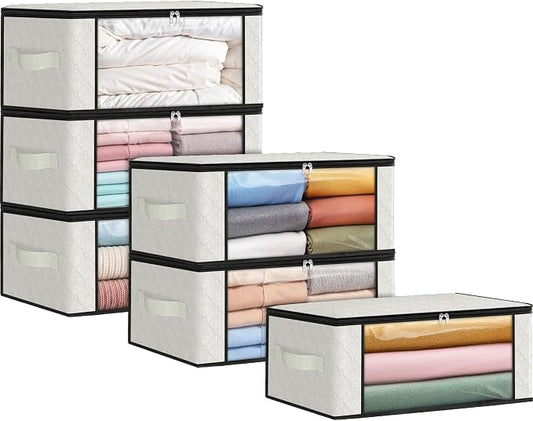 Fab totes 35L Closet Organizers and Storage, Foldable Under Bed Storage Containers, Storage bags for Organizing Bedroom, Closet, Clothing,Organization with Handle (6 Pack,Ivory)