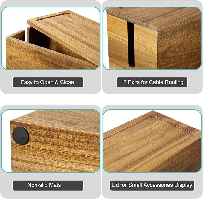 Bivvclaz Cable Management Box Medium, Acacia Wooden Cord Organizer Box for Desk, Floor, Office to Hide Extension Cords Power Stripes Surge Protectors Chargers Wires