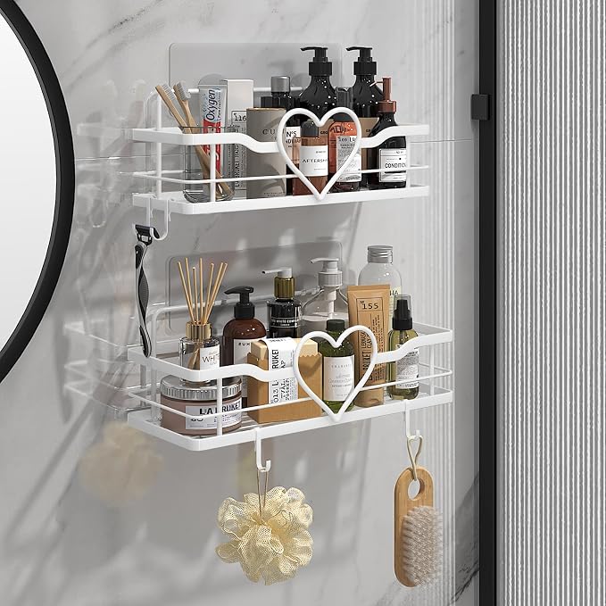 White Heart Shower Caddy,No Drilling Adhesive Shelves,2 Pack | Shower Shelf with 4 Removable Hooks,Holds 40 lbs,Rustproof Metal,For bathroom,kitchen,dorm,Cute Shower Organizer