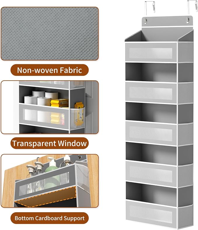 AQOOA 5-Tier Over The Door Organizer 44 lbs Capacity fit Standard Doors | Over the Door Storage 5 Large 10 Side Pockets, Closet Door Organizer Hanging Shelf for Closet Bathroom Bedroom Nursery, Grey