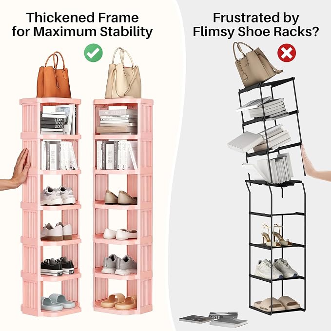 Kitstorack 10-Tier Vertical Plastic Shoe Rack, Freestanding Stackable Shoe Storage Organizer Cubes Shoe Shelf Tower or Small Closets and Tight Spaces, Pink