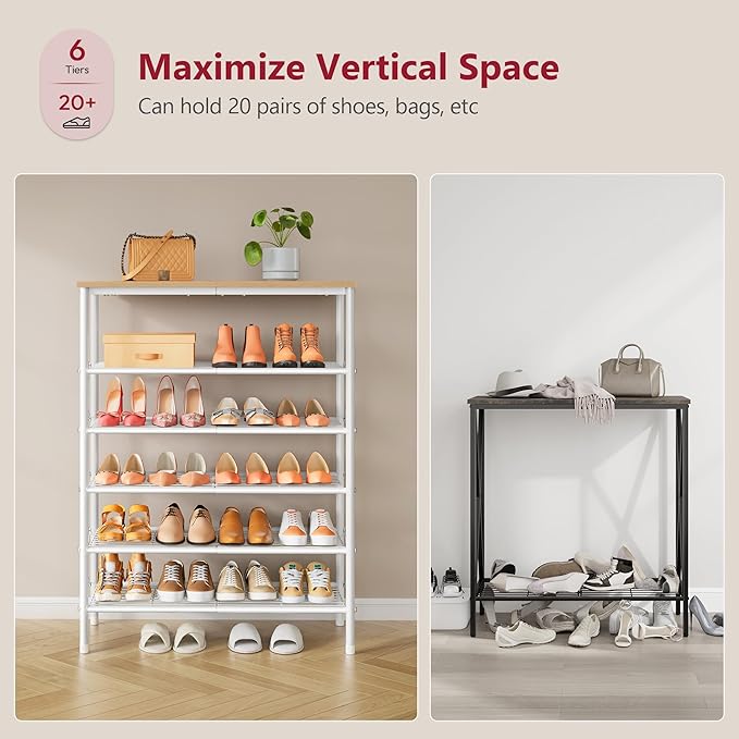 6 Tier Shoe Rack for 20-24 Pairs of Shoes, White Log | Sturdy & Durable, X Shape Fixed Frame, Metal Mesh Shoe Shelf, Industrial, For Closet, For Entryway Shoe Storage