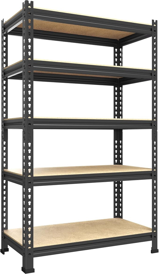 PrimeZone 5-Tier Garage Storage Shelves, Adjustable Metal Shelving, Black | Heavy-Duty Metal Frame & Connectors, FSC MDF Boards, Space-Saving Storage for Garage, Pantry & Closet, 28"W x 12"D x 59"H