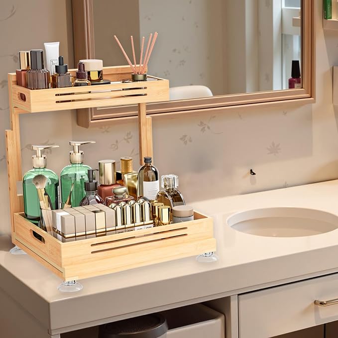 Banlilu Under Sink Organizer, Pull Out Cabinet Organizer, 2 Tier Slide Out Sink Shelf Cabinet Storage Shelves, Storage for Kitchen Bathroom, Natural Premium Bamboo Wood