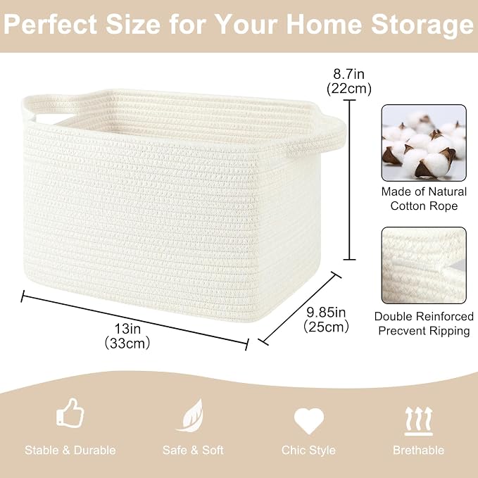 OIASKET Storage Baskets for Organizing, Woven Baskets for Shelves, Rectangle Decorative Organizer for Storage Clothes, Toy, Books, Towels Nursery Bins 3 Pack (White, 13"x9.85"x8.7")
