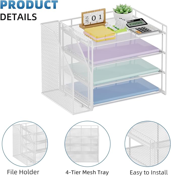 Marbrasse 4-Tier Paper Tray Organizer with File Holder, White | Sturdy Paper Tray, Built-in File Holder, fits Letters/Docs, Saves Desk Space, for School/Office/Home
