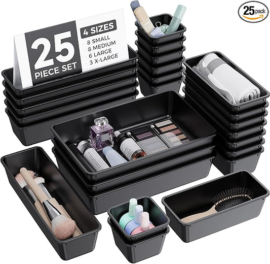 BiuLeon 25 PCS Plastic Drawer Organizers Set, 4-Sizes Vanity and Makeup Organizer, Desk and bathroom Drawer Organizer Trays, Organizers and Storage for Makeup, Jewelry, Gadgets, Utensils (Black)