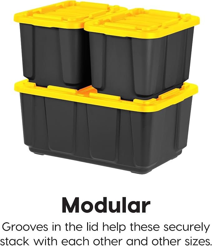 IRIS USA 4-Pack 27 Gal Heavy Duty Storage Tote Bins with Lids, Black/Yellow | Large-capacity design handles moving, camping gear and bulky equipment, Stackable shape maximizes garage storage