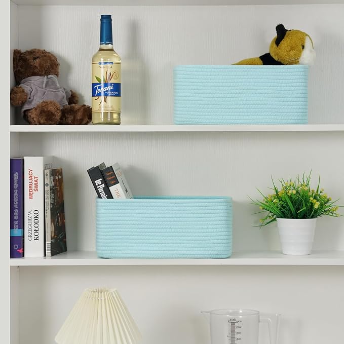 3-Pack Small Storage Baskets for Organizing | Woven Shelf Toy Basket | Rope Baskets for Gifts Empty | Closet Organizer Bins with Handles | Cube Decorative Box | 11.8×7.8×5.1” | Light Blue