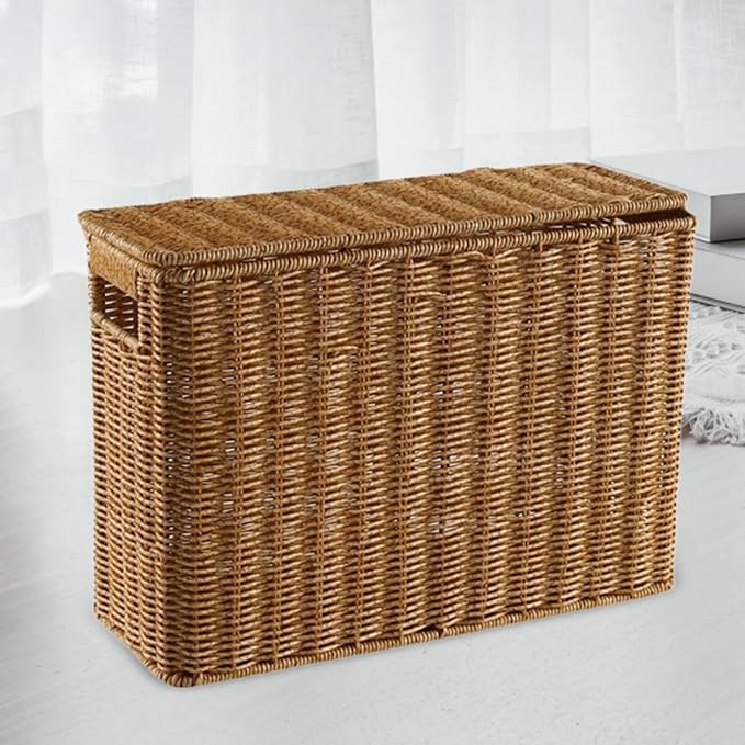 Generic Narrow and Tall Storage Box Woven Storage Basket with Lid Lightweight Decorative Storage Bin with Handle for Bedroom Clothing, S