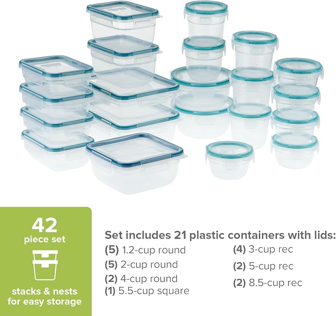 Snapware Plastic Total Solution (21-Pack) Large Food Storage Containers Set, Meal Prep Containers with Plastic BPA-Free Lids & 4 Locking Tabs, Microwave, Dishwasher, and Freezer Safe