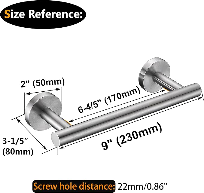 Nolimas 9 Inch Silver Bath Hand Towel Bar SUS 304 Stainless Steel Towel Rod Rack Holder Round Wall Mounted Suit for Kitchen,Bathroom,Living Room&Toilet,Anti Rust Brushed Nickel