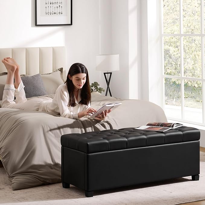 Living&Giving Leather Storage Ottoman Bench for Bedroom, 47.2", Black | 47.2'' faux leather storage ottoman with safety hinge, tufted seat and spacious hidden storage for everyday organization