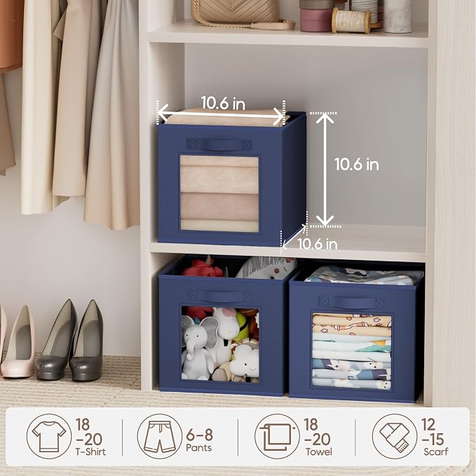 Storage Cube 11 Inch - Cube Storage Bins with Window, Closet Storage Baskets with Handle, Fabric Bins for Closet, Shelves, Toys, Clothes, Set of 8, Navy Blue
