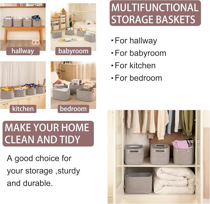 OIAHOMY 4 Pack Storage Baskets for Organizing, Cube Storage Bins for Shelves, Rectangle Storage Baskets With Handles, Woven Baskets for Storage, 16''Lx12''Wx8''H, Grey