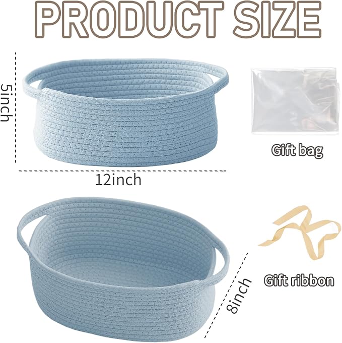 JMvicyroam Small Woven Basket, Empty Gift Basket, Blue/2 Pack | Small Gift Basket, Cotton Rope, 12 x 8 x 31 in, Handles, Includes Ribbon and Bag, Birthday Gift Basket
