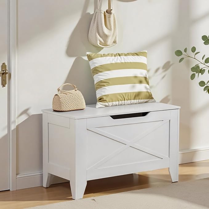 VECELO 30" Storage Bench, Entryway Shoe Ottoman, Farmhouse Style Bench with Handwoven Cushion and Metal Safety Hinges, for Bedroom, Living Room, Entryway, White